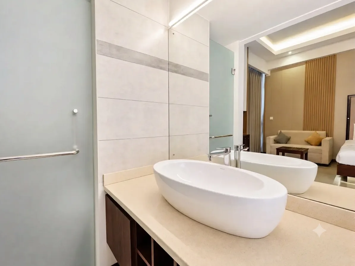 Private bathroom in the Signature Two Bedroom Apartment with City View
